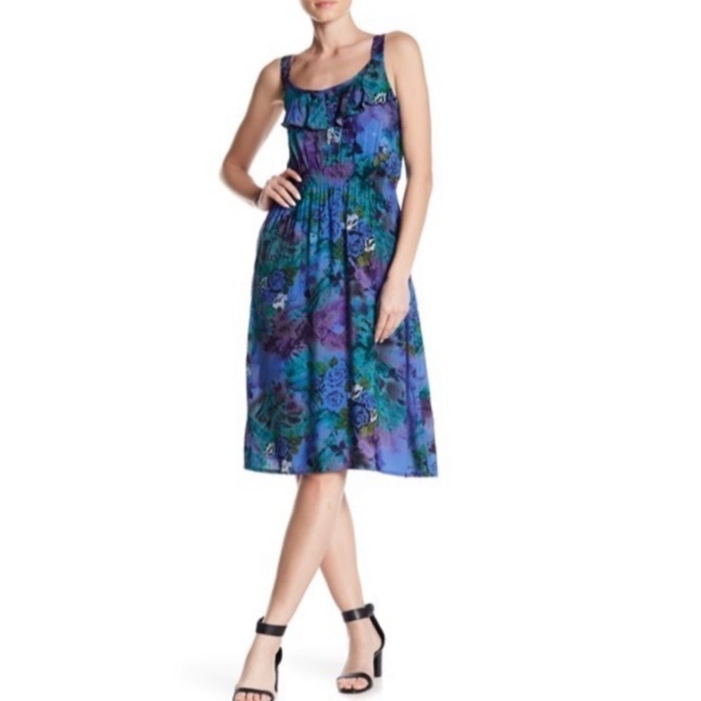 NWT Papillon purple floral dress size medium scoop ruffle neckline spring summer